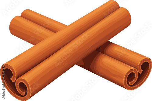 Detailed vector illustration of two rich brown cinnamon sticks crossed and curled, perfect for use in spice packaging, bakery menus, winter holiday recipes, and food ingredient graphic designs.