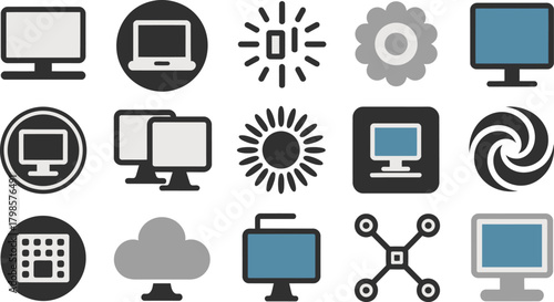Collection Desktop Computers, Laptop, Cloud, Flower, Sun, Swirl, and Drone Icons