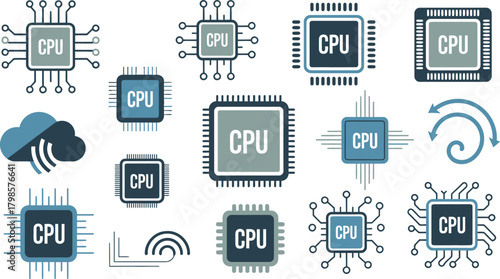 Collection of CPU Icons and Cloud Computing Elements in Blue and Gray Shades on White