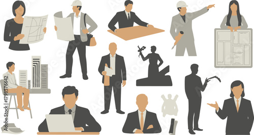 Collection of Architects, Engineers, and Business Professionals Working with Building Plans and Laptops in Graphics