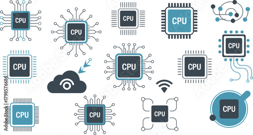 Collection of CPU Icons, Microprocessors, and Cloud Symbol in Flat Style Design Isolated