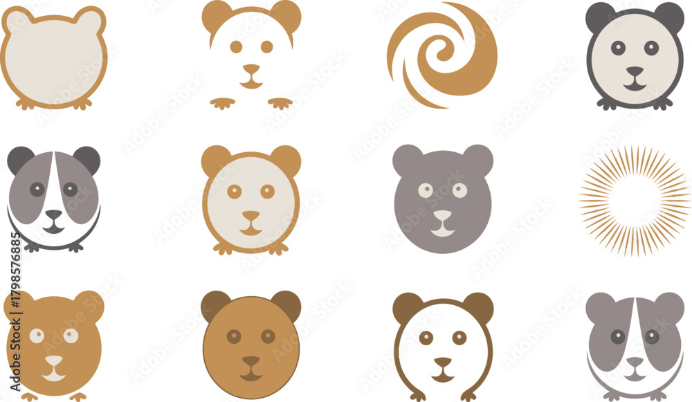 Obraz premium Collection of Minimalist Bear and Panda Face Icons in Various Colors and Shapes on White
