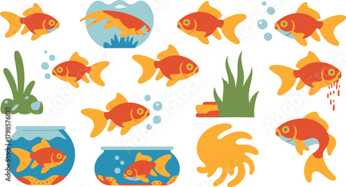 Collection of Goldfish in Various Poses and Aquarium Settings, Flat Cartoon Illustration Style