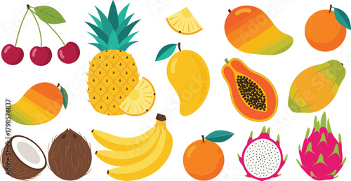 Vibrant collection of popular tropical and exotic fruits in a flat vector style, including pineapple, mango, banana, papaya, and dragon fruit, perfect for healthy food, summer recipes, and juice packa