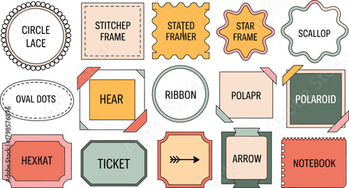 Collection of Label Shapes Circle Lace, Stitched, Stated, Star Frame, Scallop, Oval Dots, Hear, Ribbon