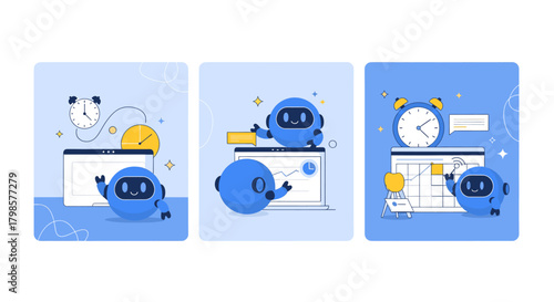 Cute blue robot character interacting with technology and time elements in a playful illustration