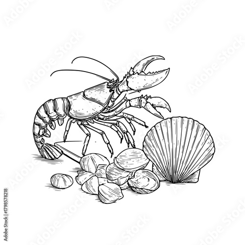 Detailed line drawing of a lobster with large claws next to a pile of shells and a scallop shell