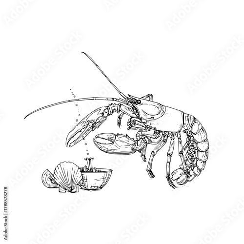Detailed line art of a lobster with shellfish and a bowl in a black and white illustration style