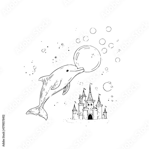 A whimsical drawing of a dolphin playing with a bubble above a castle in a monochrome illustration