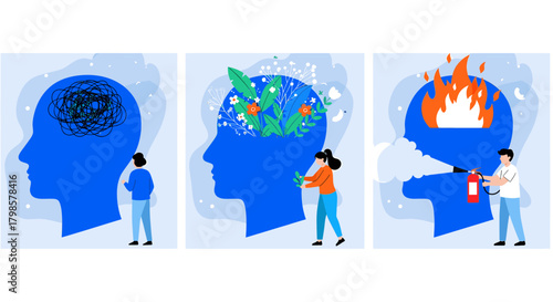 Stages of mental health from confusion and stress to peace and control, with a person extinguishing fire in head