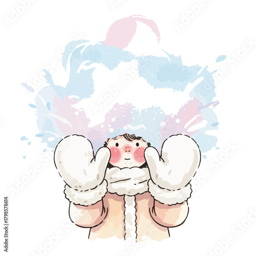 A cheerful cartoon child wearing winter clothing and mittens holds up a snowy scene with Christmas cookies in a whimsical illustration with pastel colors.
