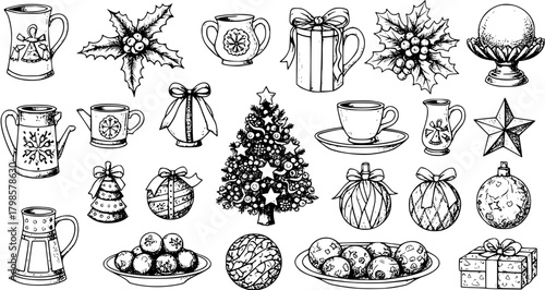 Vintage Hand-drawn Christmas Holiday Elements Collection: Festive Decorations, Gifts, Drinks, Sweets  Winter Items Sketch Art