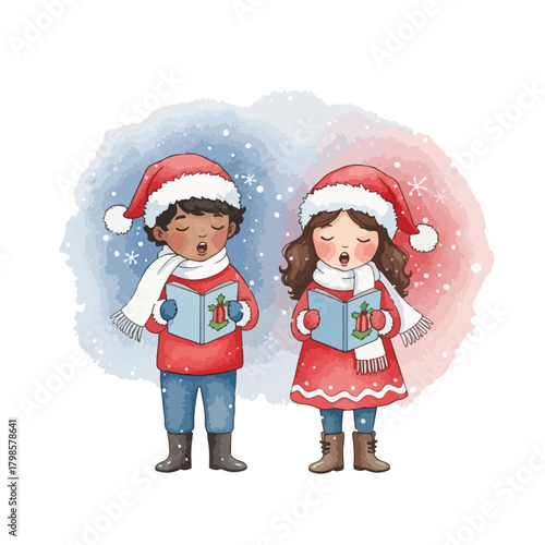 Two children in Christmas attire singing carols with festive cookies and holiday treats nearby in a colorful illustration.