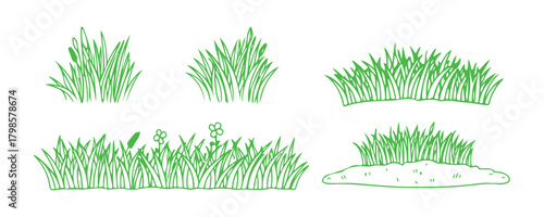 Linear icon of grass, doodle outline of a meadow and flowers, a tuft of bushes, a small lawn, and a green sketch of a plant set against a white background. A hand-drawn border of a thicket and park. 
