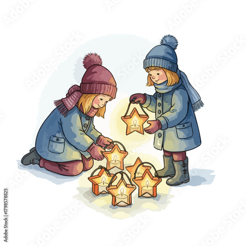 Two children in winter clothing decorating with star-shaped Christmas cookies on a clean white background.