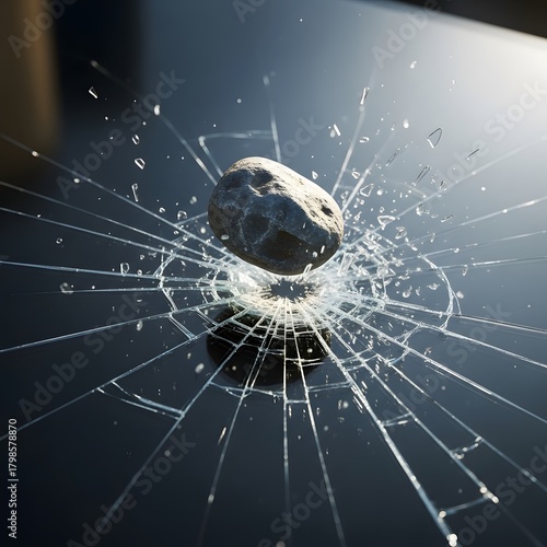 A meteorite crashing through a glass surface creating a dramatic impact with shattered glass fragments flying outward