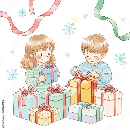 Two happy children unwrapping colorful gifts on a white background with snowflakes and ribbons, surrounded by wrapped presents in a Christmas theme.