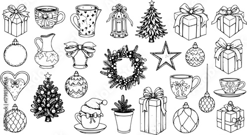 Hand-Drawn Christmas Holiday Elements: Ornaments, Gifts, Trees, and More