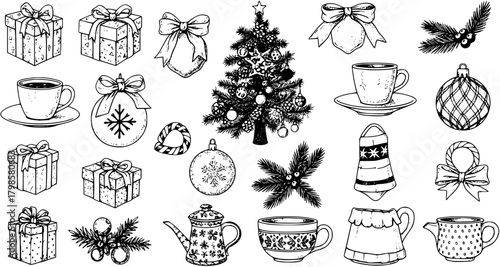 Hand-drawn Christmas and Winter Holiday Elements Set: Gift Boxes, Ornaments, Cups, Tree, Bows, and Berries - Festive Sketch Collection