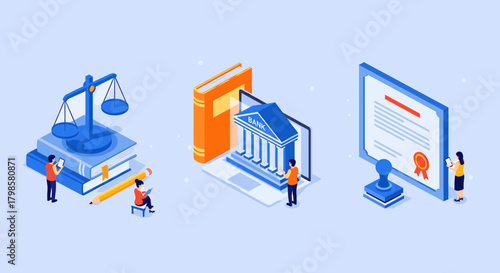 Digital law and justice concept with scales of justice, courthouse on laptop, and certificate