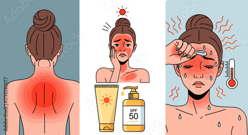 Woman suffering from sunburn and heatstroke, with sunscreen and thermometer illustration