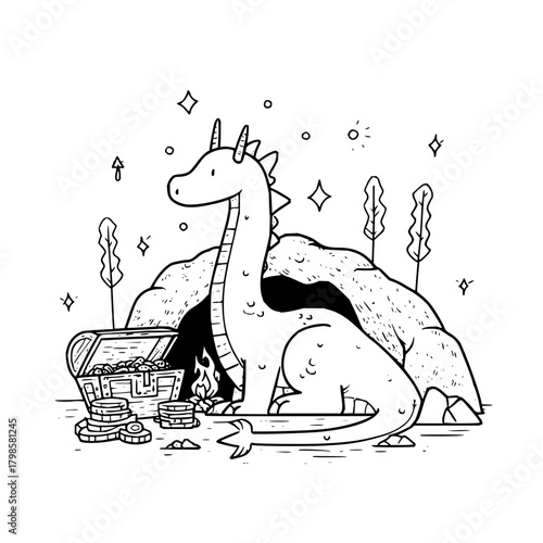Cartoon dragon guarding treasure chest inside cave with fire and decorative elements around it