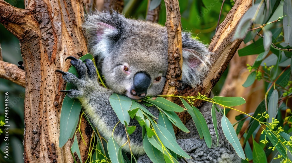 Fototapeta premium Cute Gray Koala Bear Clinging to Tree Branch in Natural Forest Setting