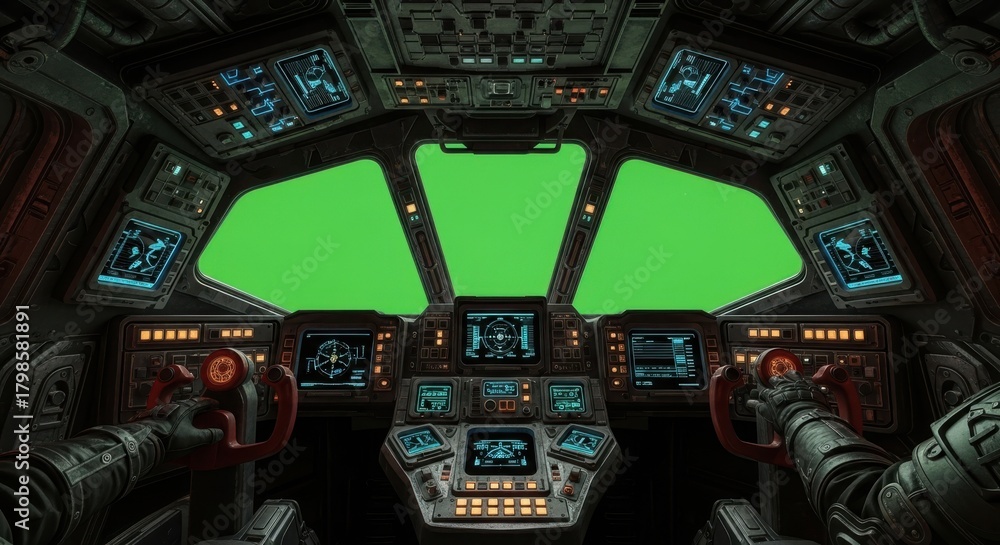 Fototapeta premium Futuristic spaceship cockpit interior with green screen windows and complex control panels, ready for compositing
