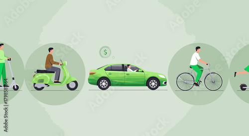 Diverse ecofriendly transportation options including electric scooter, moped, car, and bicycle