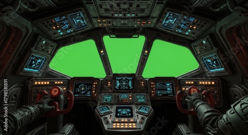 Futuristic spaceship cockpit interior with green screen windows and complex control panels, ready for compositing