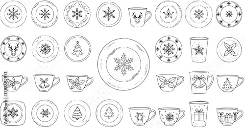 Christmas Dinnerware Hand-Drawn Set. Holiday Plates, Cups, Mugs, and Dishes with Festive Designs: Snowflakes, Reindeer, Trees, Holly, Bells, Stars. Outline Doodle Art.