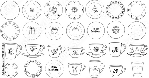 Hand-drawn Christmas Kitchenware Set: Plates, Cups, Mugs with Festive Outline Designs like Snowflakes, Trees, Gifts, and "Merry Christmas" Text