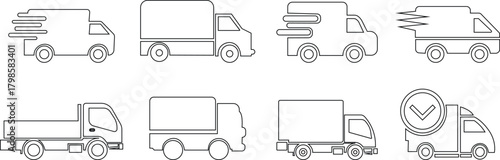 Delivery truck outline icon set. Featuring fast shipping vehicles, cargo transport symbols, logistic service and express transportation vectors designs for business, freight and distribution concepts.