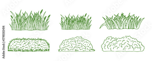 Linear icon of grass, featuring a doodle outline design of a meadow and flowers, along with a tufted bush, a small lawn, and a green sketch of a plant isolated against a white background