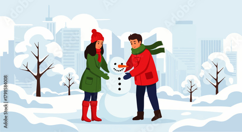 Flat vector illustration of a romantic couple making a snowman in a snowy park, representing love and winter fun.