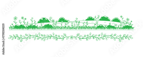 Grass represented as a linear icon, with a doodle outline of a meadow and flowers, a tuft of bushes, a small lawn, and a green plant sketch on a white background. Hand-drawn border