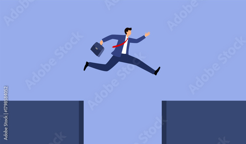 Businessman jumping over gap. Symbol of overcoming challenges, barriers, obstacles, risk concept
