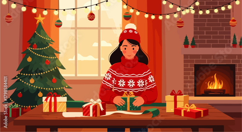 Flat vector illustration of woman wearing Christmas sweater wrapping Christmas presents on table with ribbon and paper, festive holiday preparation scene