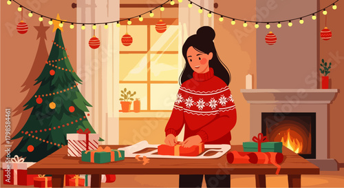Flat vector illustration of woman wearing Christmas sweater wrapping Christmas presents on table with ribbon and paper, festive holiday preparation scene