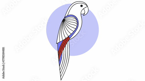 Illustration of a stylized white parrot with blue and red accents on a light purple circle on transparent background silhouette