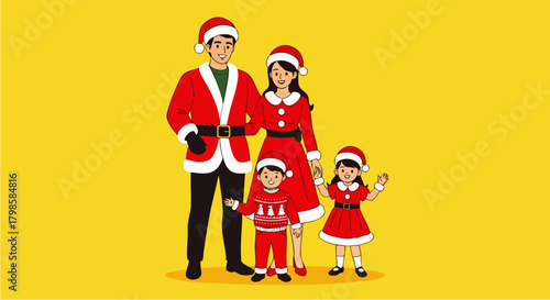 Flat vector illustration of a happy family wearing party dresses and Santa hats posing cheerfully on a bright background, ideal for Christmas marketing, holiday invitations, or seasonal promotions.