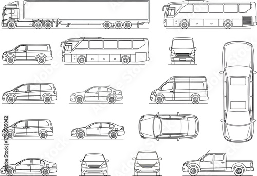 Collection of hand drawn vehicle silhouettes featuring trucks buses cars vans and suvs in black and white