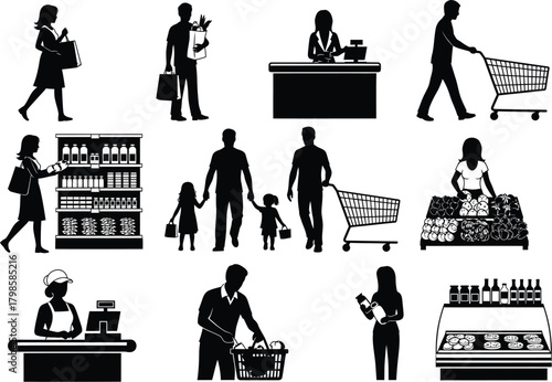 Diverse silhouettes of people shopping in a supermarket with groceries and carts