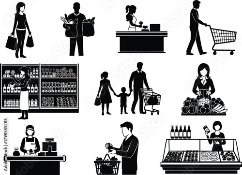 Collection of black and white silhouettes depicting various scenes of grocery shopping and retail store activities