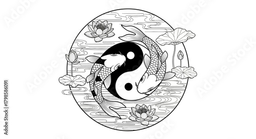 Yin and Yang: An ink drawing of koi fish entwined, harmonizing in a tranquil lotus pond scene