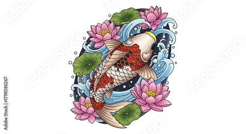 Vibrant koi fish illustration swimming gracefully among lotus blossoms and tranquil water waves