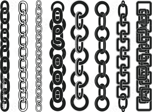 Collection of diverse black and white chain links and patterns isolated on a white background