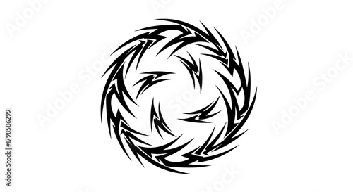 Stylized vortex graphic with intricate black spiky elements in circular form