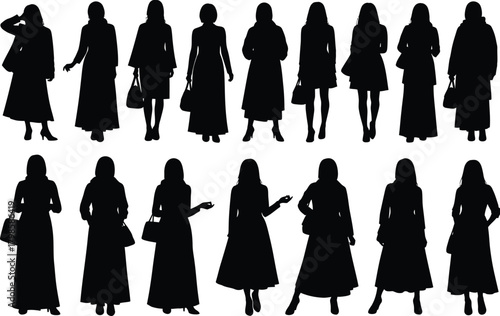 Collection of diverse female silhouettes in elegant dresses and coats holding handbags