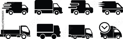 Delivery truck flat icons set. Featuring fast shipping vehicles, cargo transport symbols, logistic service and express transportation vectors designs for business, freight and distribution concepts.